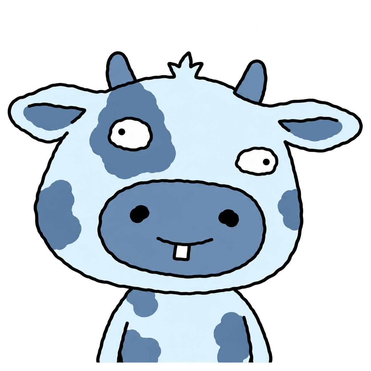 A goofy pale-blue cow with uneven eyes, floppy ears and one tooth